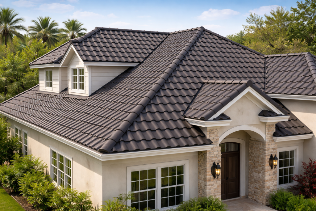 mediterranean home with dark gray roof